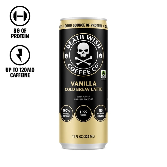 Death Wish Coffee Co., Premium Vanilla Latte, 100% Colombian Cold Brew Fair Trade Coffee, 11 fl oz Can