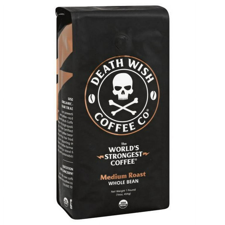 Death Wish Coffee Companyâ€™s Whole Bean Coffee [1-pack/bag, 1 lb] The  World's Strongest Medium Roast, USDA Certified Organic, Fair Trade, Arabica  and