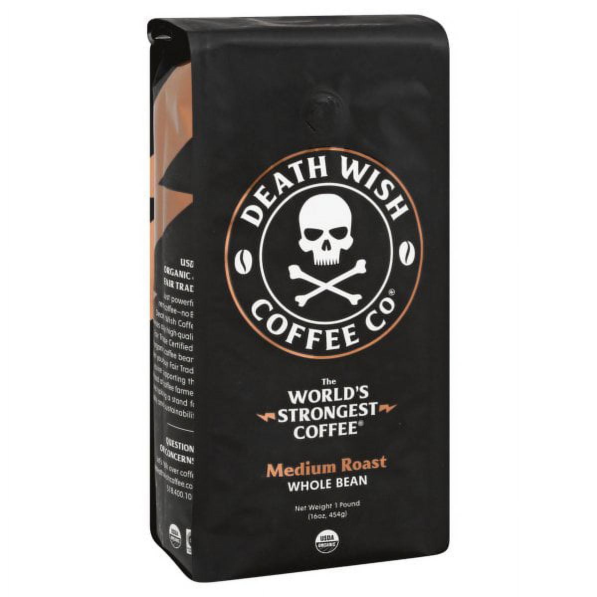 Death Wish Coffee Companyâ€™s Whole Bean Coffee [1-pack/bag, 1 lb] The World's Strongest Medium Roast, USDA Certified Organic, Fair Trade, Arabica and Robusta Beans, A Lighter Shade of Bold Pack Of 6