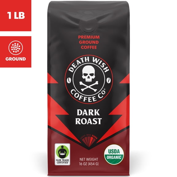 (6 pack) Death Wish Coffee, Organic and Fair Trade, Dark Roast, Ground Coffee, 16oz
