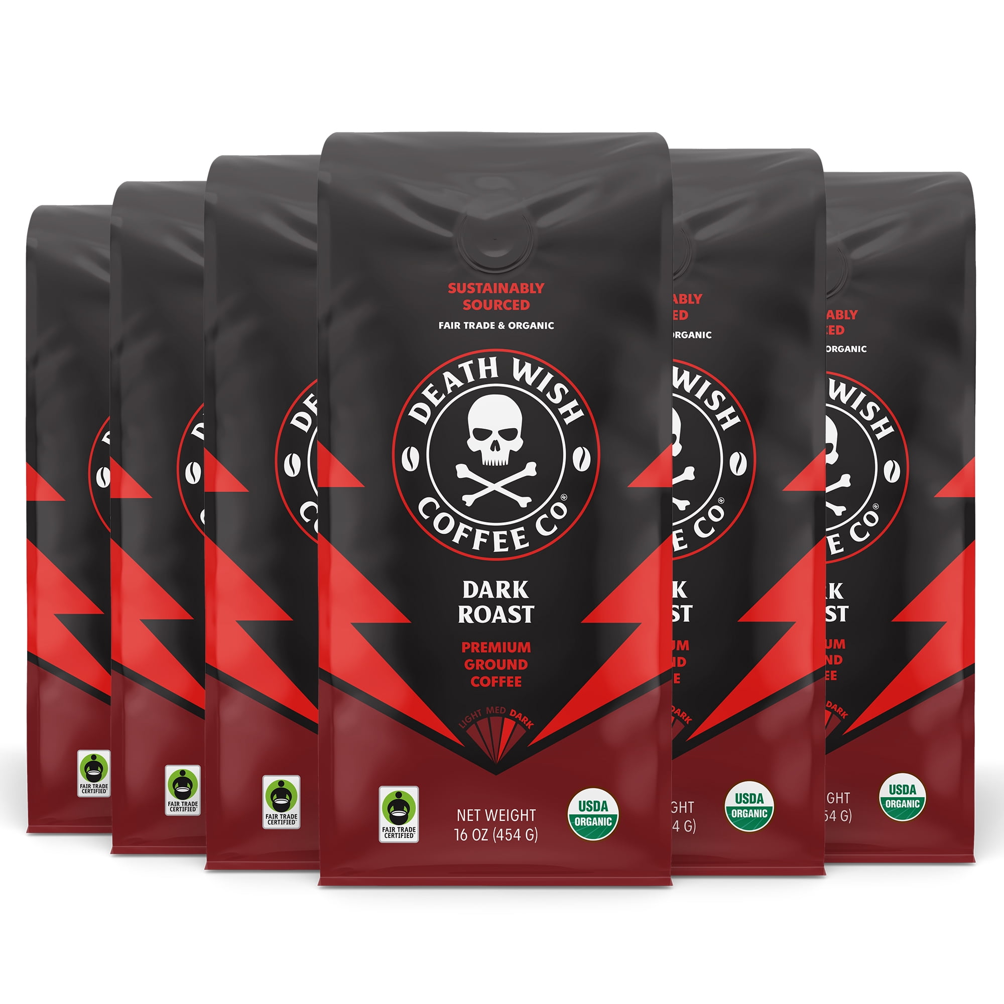 (6 pack) Death Wish Coffee, Organic and Fair Trade, Dark Roast, Ground Coffee, 16oz