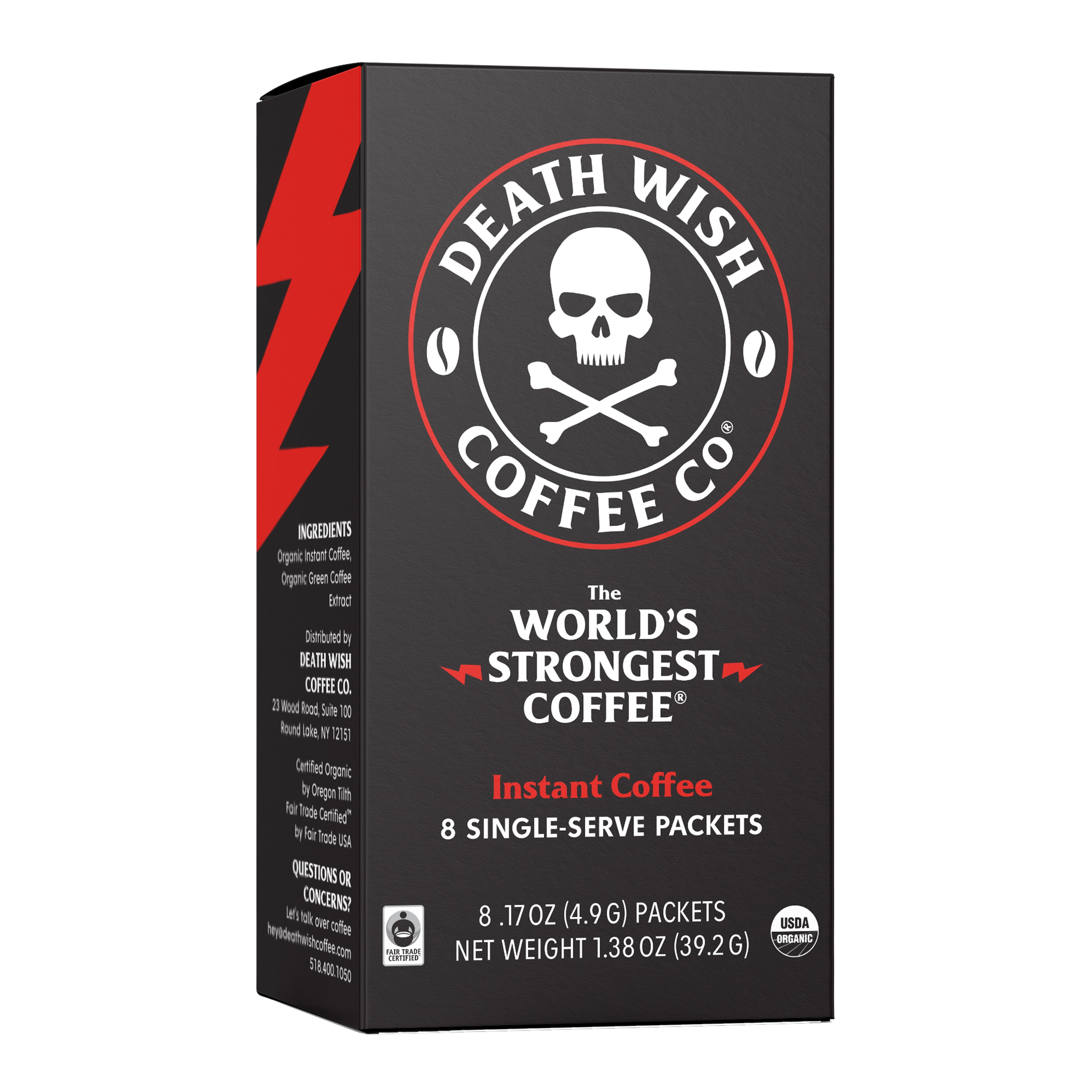 Death Wish Coffee, Dark Roast, Instant, Fair Trade, Organic, Box, 8ct