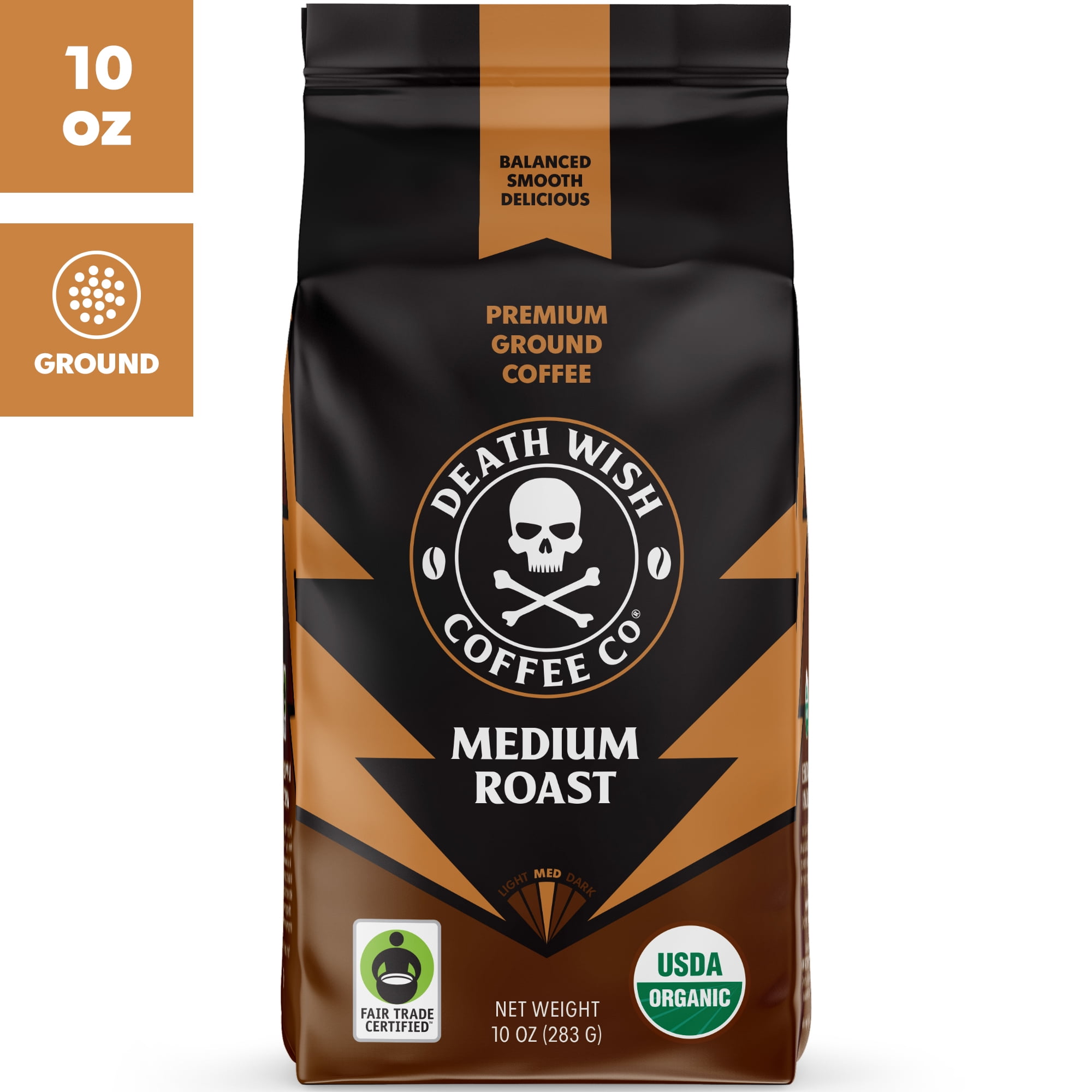 Death Wish Coffee, Medium Roast, Ground, Fair Trade, Organic, Bag, 10oz