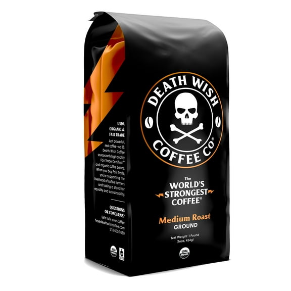 Death Wish Coffee, Organic, Fair-Trade, World's Strongest Coffee, Medium Roast Ground Coffee, 16 Oz, Bag Pack Of 6
