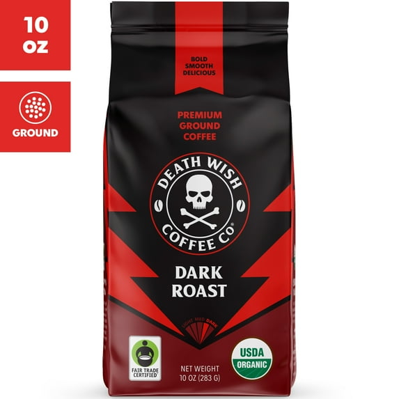 Death Wish Coffee, Organic and Fair Trade, Dark Roast, Ground Coffee, 10oz