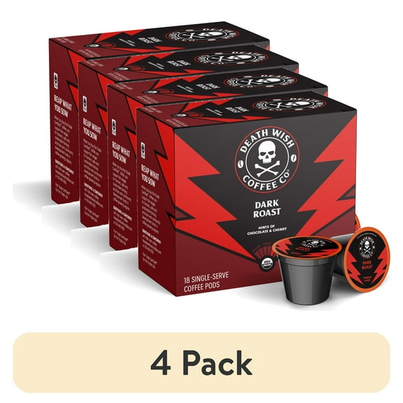 (4 pack) Death Wish Coffee, Organic and Fair Trade, Dark Roast, Single-Serve Coffee Pods, 18 Count