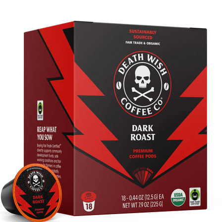 Death Wish Coffee, Organic and Fair Trade, Dark Roast, Single-Serve Coffee Pods, 18 Count