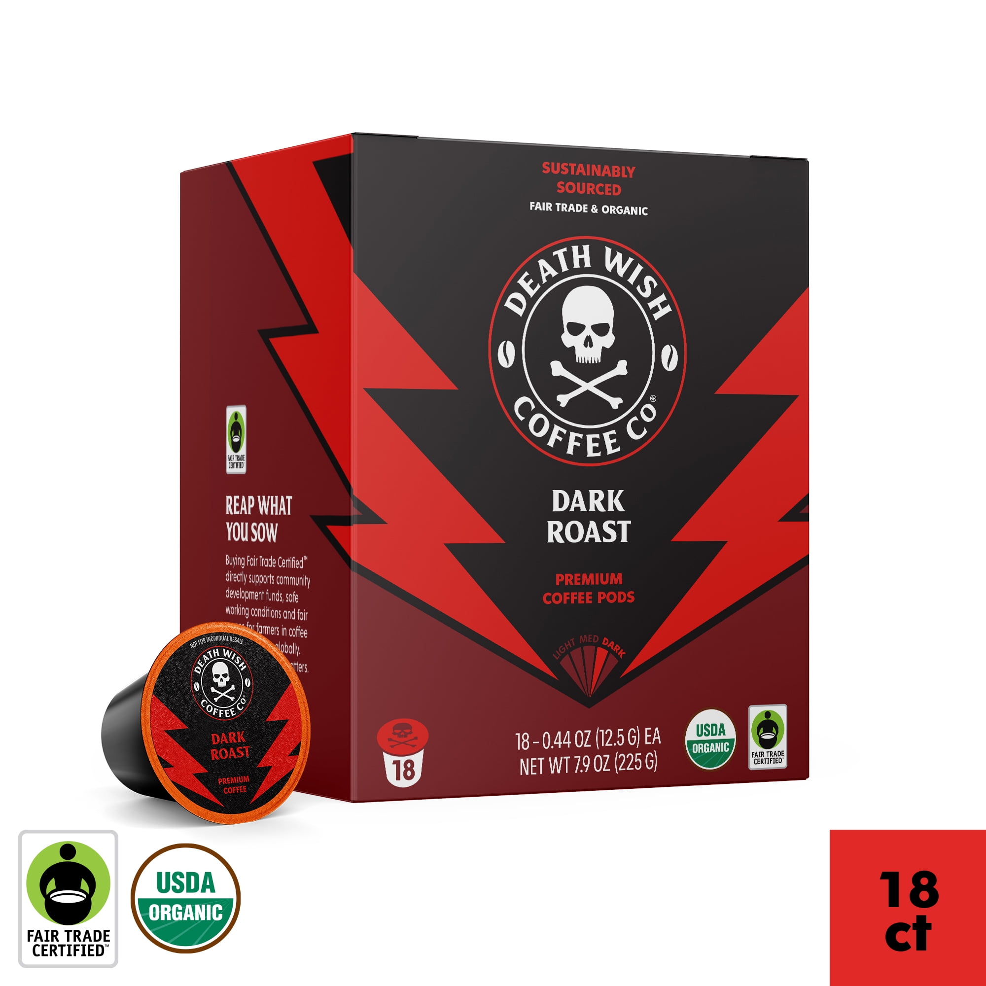 Death Wish Coffee, Organic and Fair Trade, Dark Roast, Single-Serve Coffee Pods, 18 Count