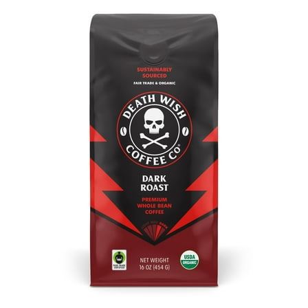 Death Wish Coffee, Organic and Fair Trade, Dark Roast, Whole Bean Coffee, 16oz