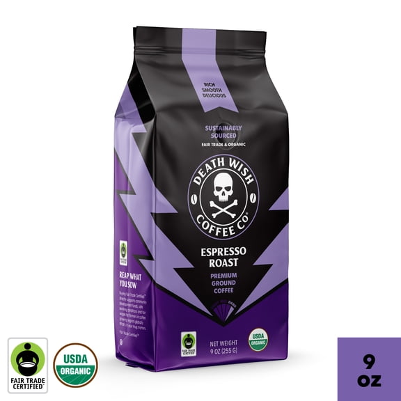 Death Wish Coffee Co., Organic and Fair Trade, Ground Coffee, Espresso Roast, 9 oz