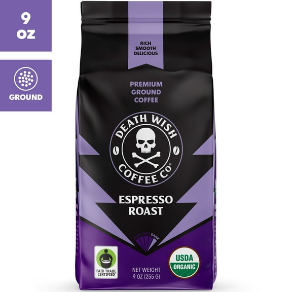 Death Wish Coffee, Organic and Fair Trade, Espresso Roast, Ground Coffee, 9oz