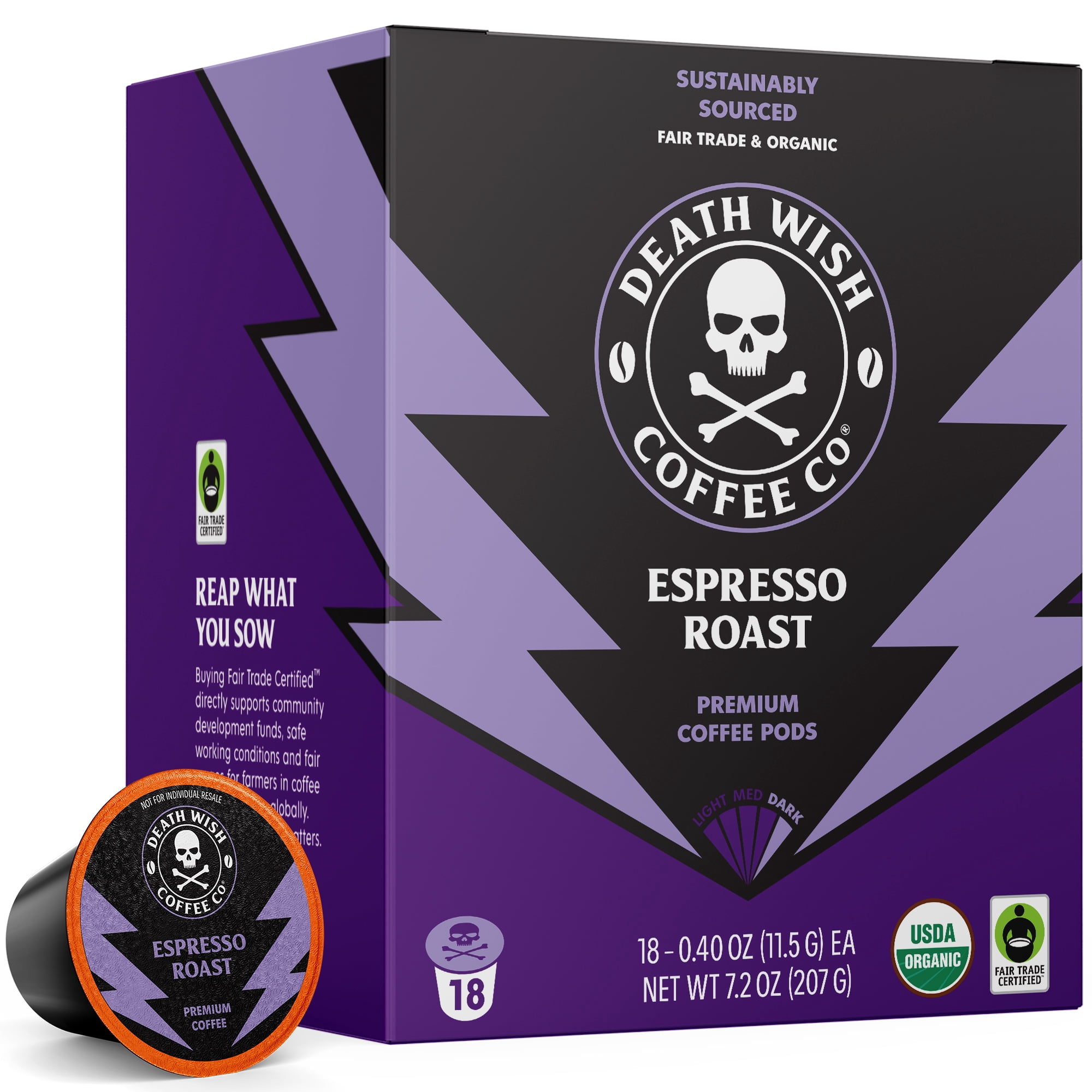 Death Wish Coffee Co., Organic and Fair Trade, Single Serve Coffee Pods, Espresso Roast, 18 Count