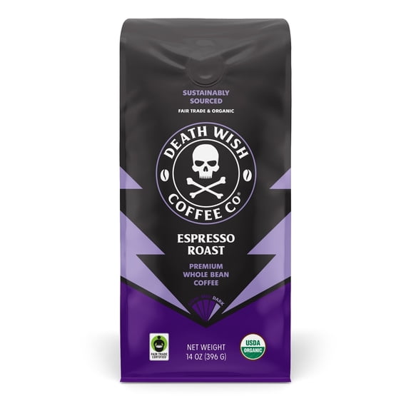 Death Wish Coffee, Organic and Fair Trade Espresso Roast Whole Bean Coffee, 16 oz