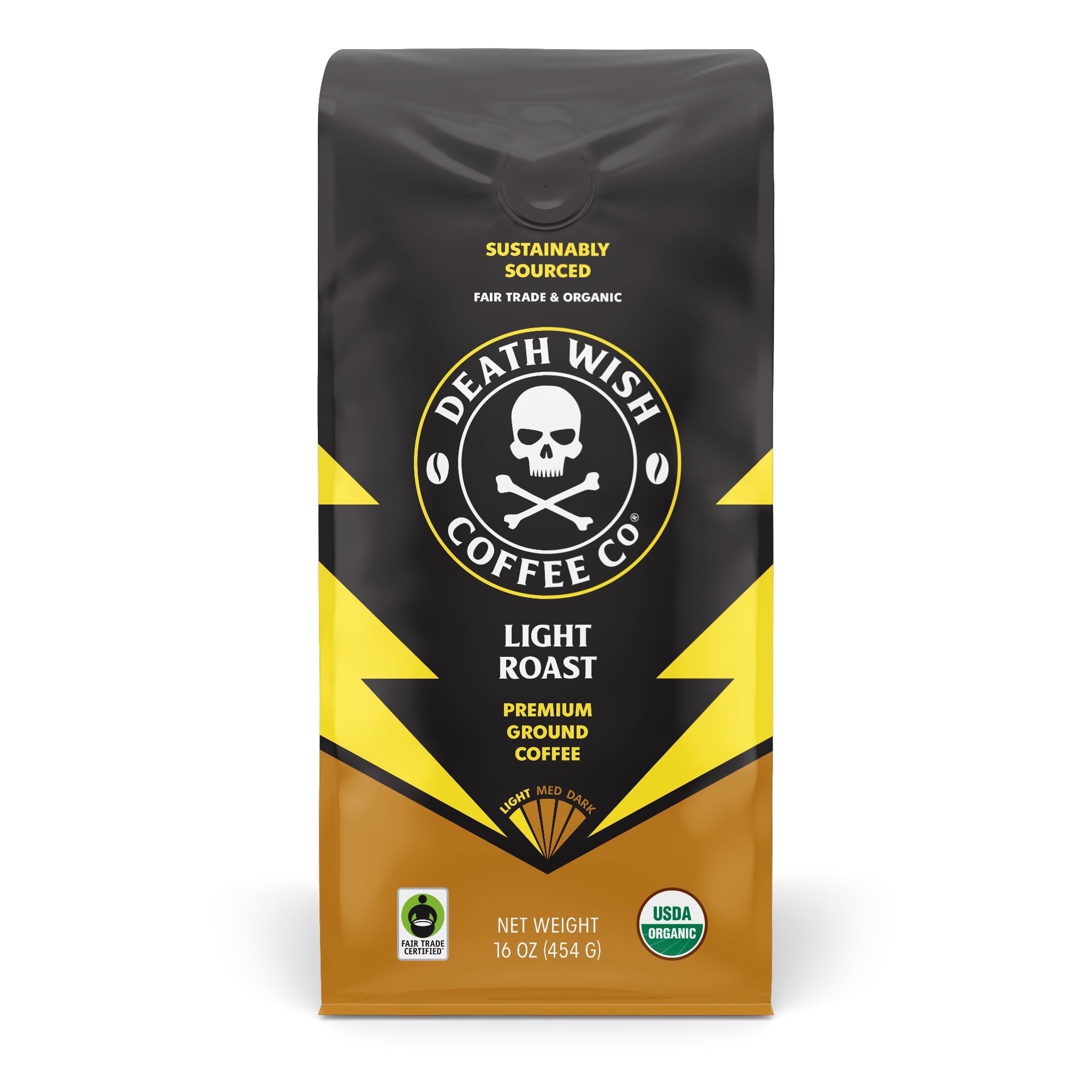 Death Wish Coffee Organic and Fair Trade Light Roast Ground Coffee, Bold Bright Arabica Robusta, 16 oz