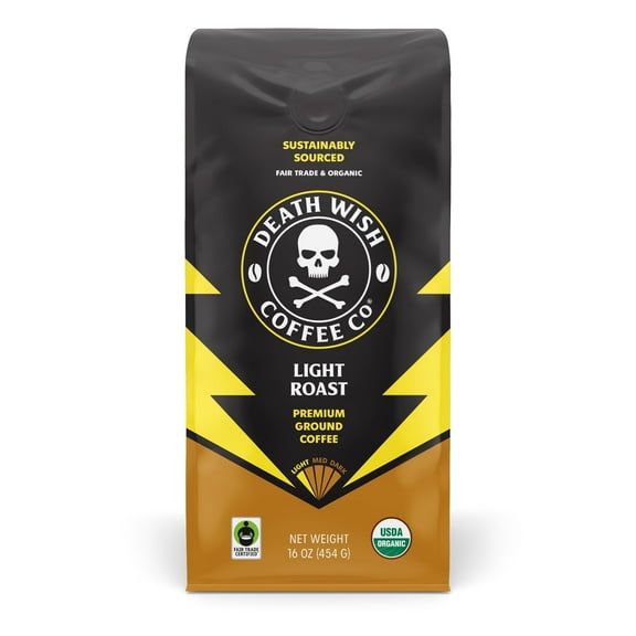 Death Wish Coffee, Organic and Fair Trade, Light Roast Ground Coffee, 16oz