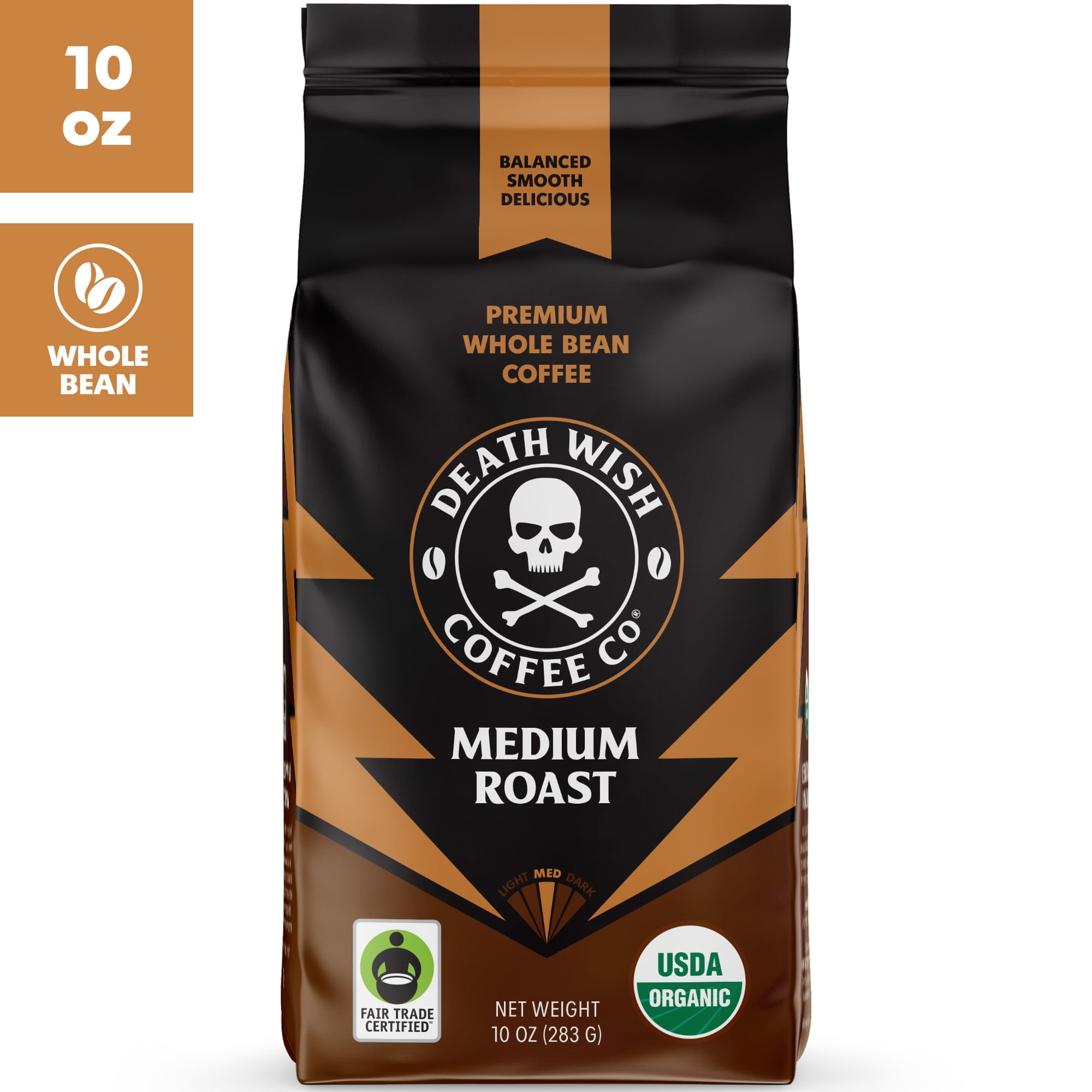 Death Wish Coffee, Organic and Fair Trade, Medium Roast, Whole Bean Coffee, 10 oz