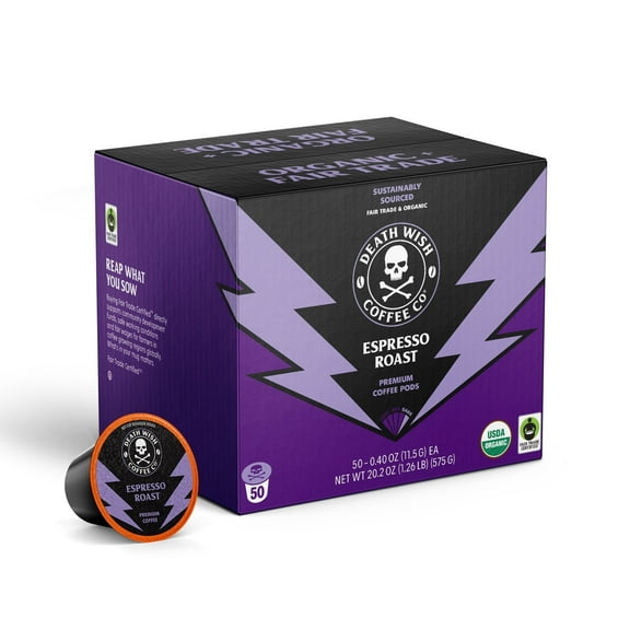 Death Wish Coffee, Organic and Fair Trade, Single Serve Coffee Pods, (Espresso Roast, 50 Count)
