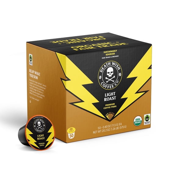 Death Wish Coffee Light Roast Single Serve Pods, USDA Organic and Fair Trade, High-Caffeine Arabica Robusta, 50 Count
