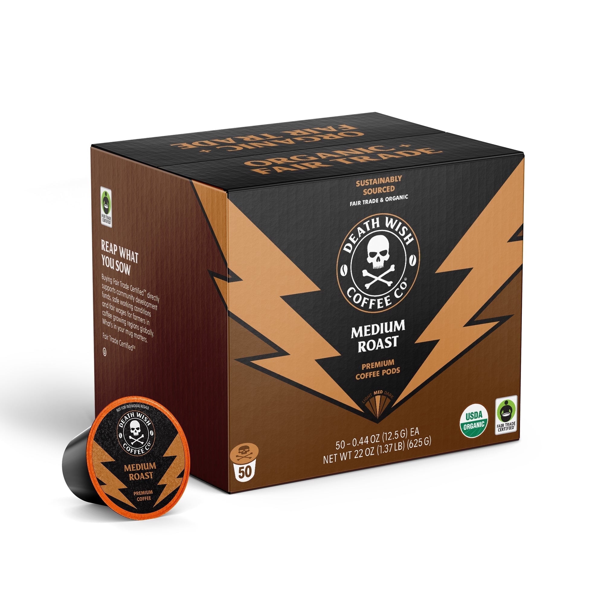 Death Wish Coffee Medium Roast Single Serve Pods, USDA Organic and Fair Trade, High-Caffeine Arabica Robusta, 50 Count