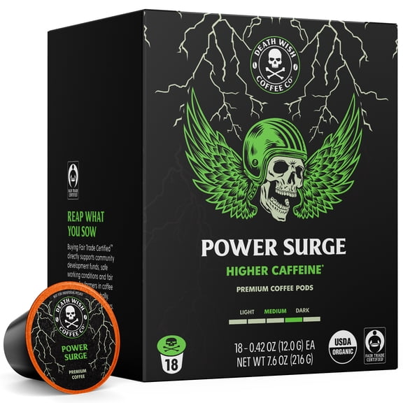 Death Wish Coffee Co., Power Surge, Higher Caffeine, Organic and Fair Trade, Single Serve Coffee Pods, Medium Dark Roast, 18 Count