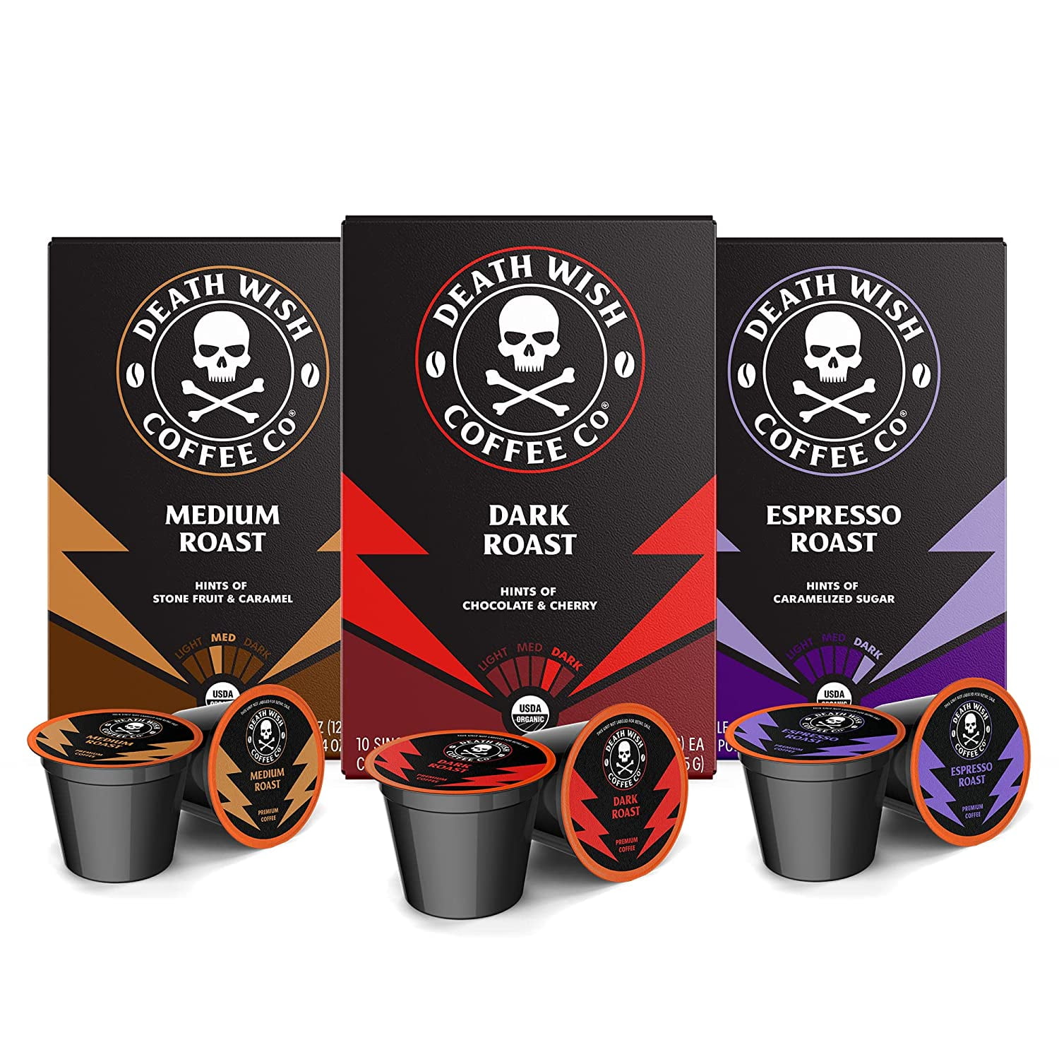 Death Wish Coffee Roast Variety Pack - Extra Kick of Caffeine - Medium, Dark, and Espresso Roasts -