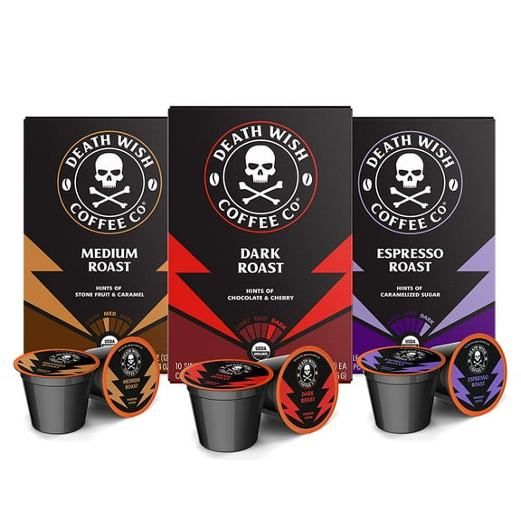 Death Wish Coffee Roast Variety Pack - Extra Kick of Caffeine - Medium, Dark, and Espresso Roasts -
