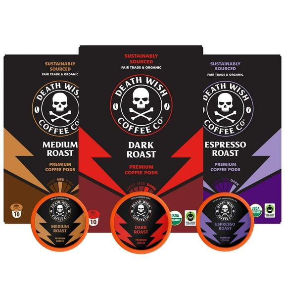 Death Wish Coffee, Single Serve Coffee - 10 Each of Medium, Dark, and Espresso Roast - Mixed Roast Variety Pack