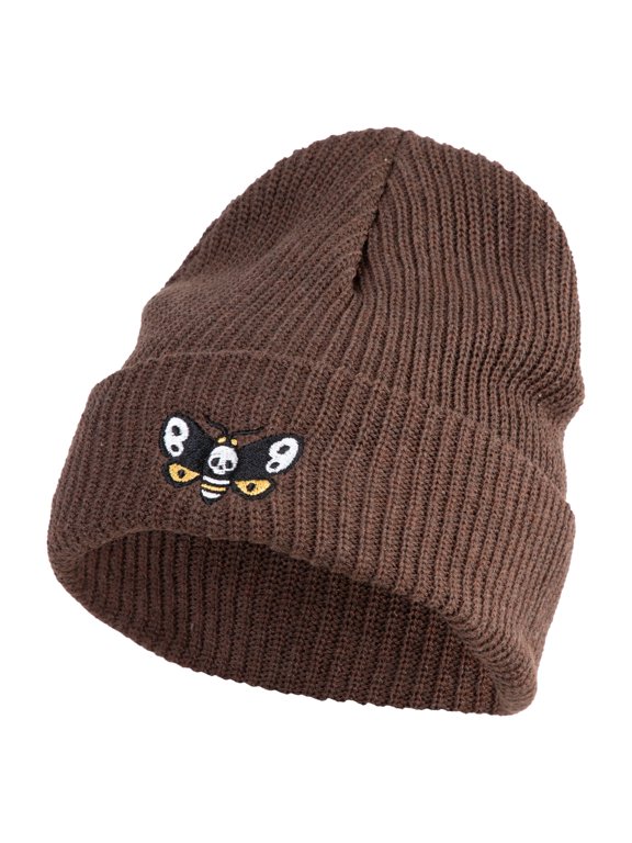 Death's Head Hawkmoth Embroidered Eco Cotton Ribbed XL Cuff Beanie - Brown XL