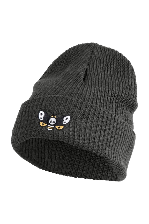 Death's Head Hawkmoth Embroidered Eco Cotton Ribbed XL Cuff Beanie - Charcoal XL
