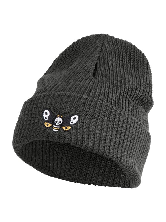 Death's Head Hawkmoth Embroidered Eco Cotton Ribbed XL Cuff Beanie - Charcoal XL