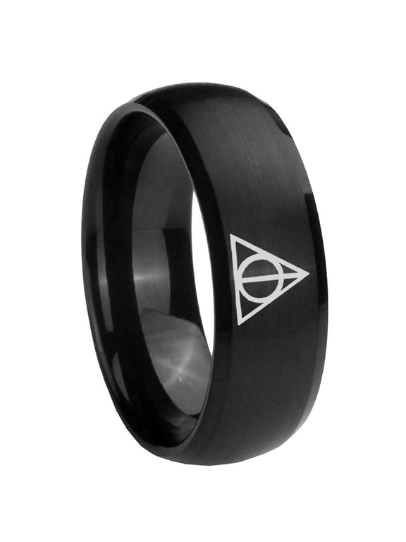 Deathly Hallows Dome Brush Black Polish Edge Tungsten Men Ring 10MM