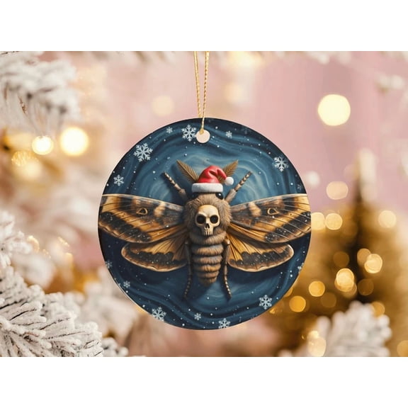 Deaths Head Moth Christmas Ornament Gothic Insect Santa Hat Dark Festive Decor 2D FLAT Ceramic Ornament