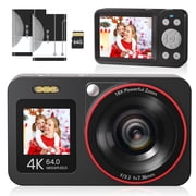Deatti Digital Camera,FHD 4K Camera with Dual Screen 64GB SD Card 2 Batteries,Digital Point and Shoot Camera,18X Zoom,Anti Shake Portable Rechargeable for Boys Girls Kids,Black
