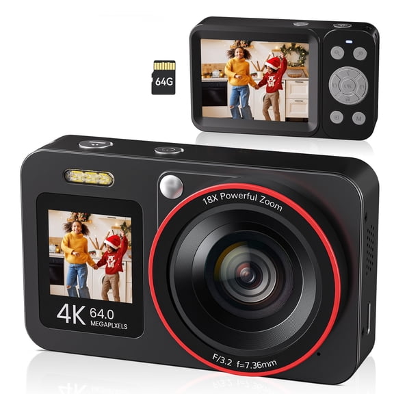 Deatti Digital Camera,FHD 4K Camera with Dual Screen 64GB SD Card ,Digital Point and Shoot Camera,18X Zoom,Anti Shake Portable Rechargeable for Boys Girls Kids, Black