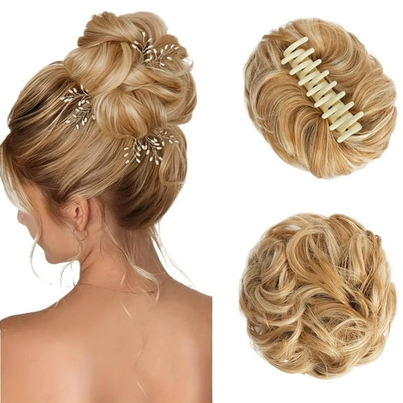 Deaumellos Bun Extension Clips, Wavy Claw Clip Messy Bun Hair Piece for Women, Stylish Buns Extension for Women, Synthetic Elastic Wavy Curly Hair Piece