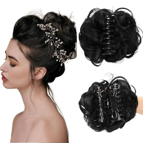 Deaumellos Bun Extension Clips, Wavy Claw Clip Messy Bun Hair Piece for Women, Stylish Buns Extension for Women, Synthetic Elastic Wavy Curly Hair Piece
