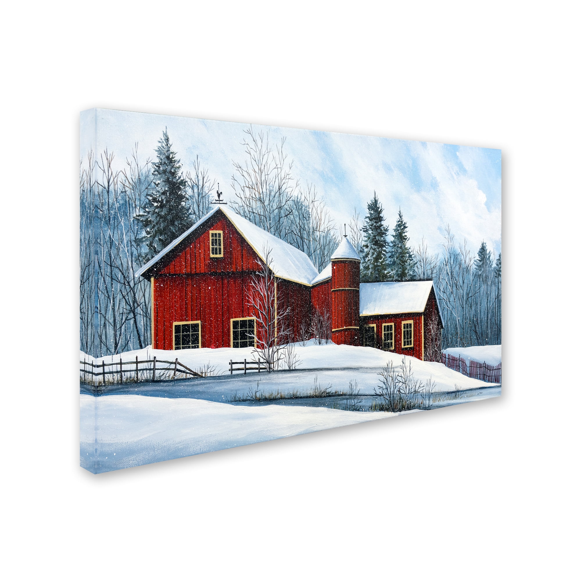 Large Red Barn Winter Landscape Framed Canvas Art