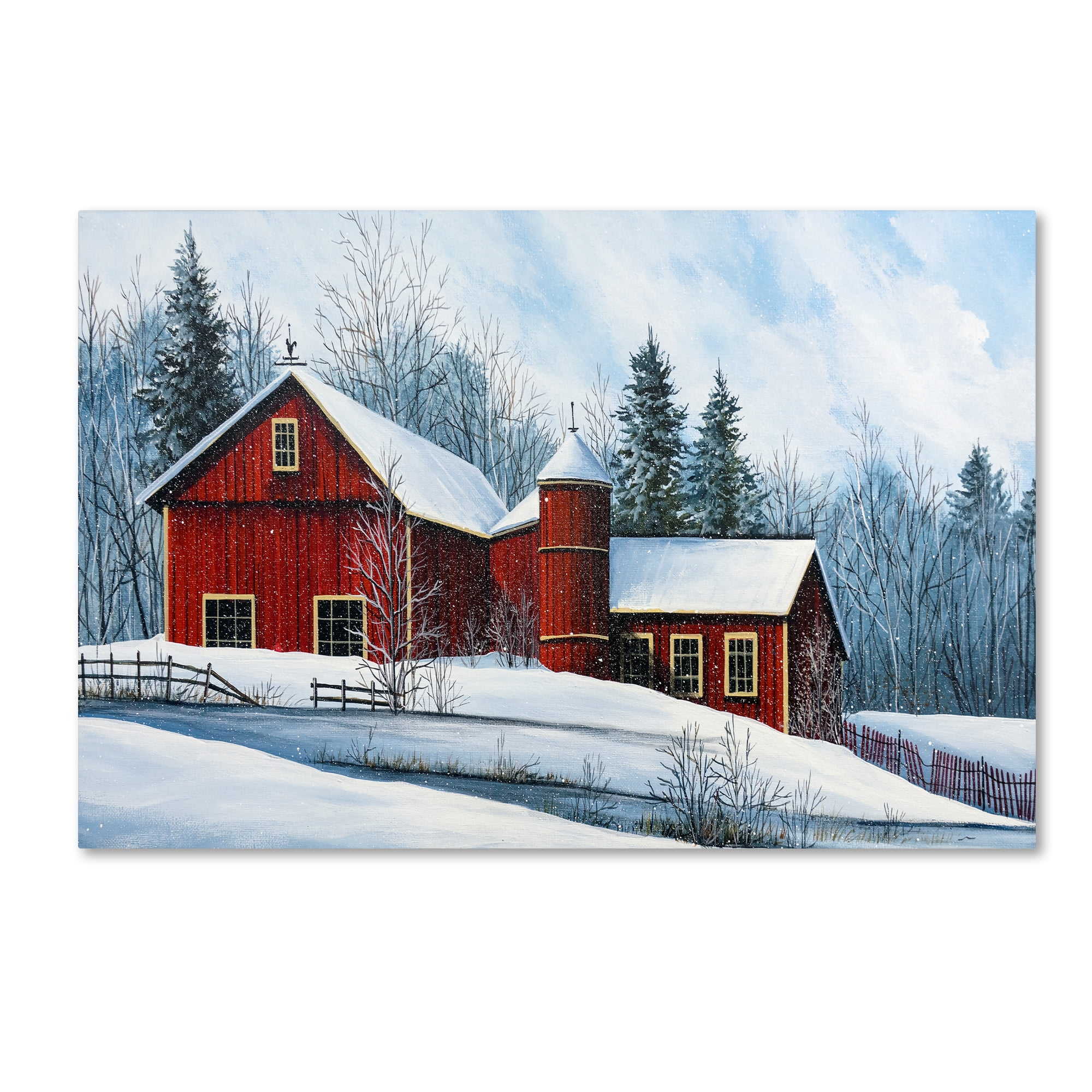 Red Barn Winter Landscape Canvas Art with Floater Frame