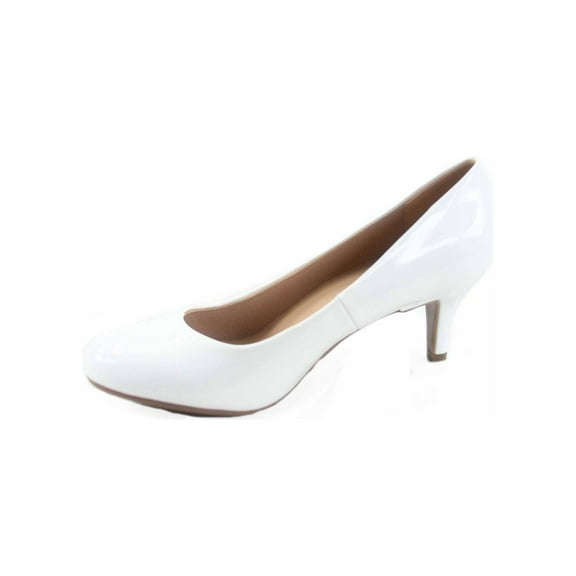 Debbie-32 Women's Fashion Patent Round Toe Low Heel Slip On Pump Dress Shoes ( White, 6.5 )