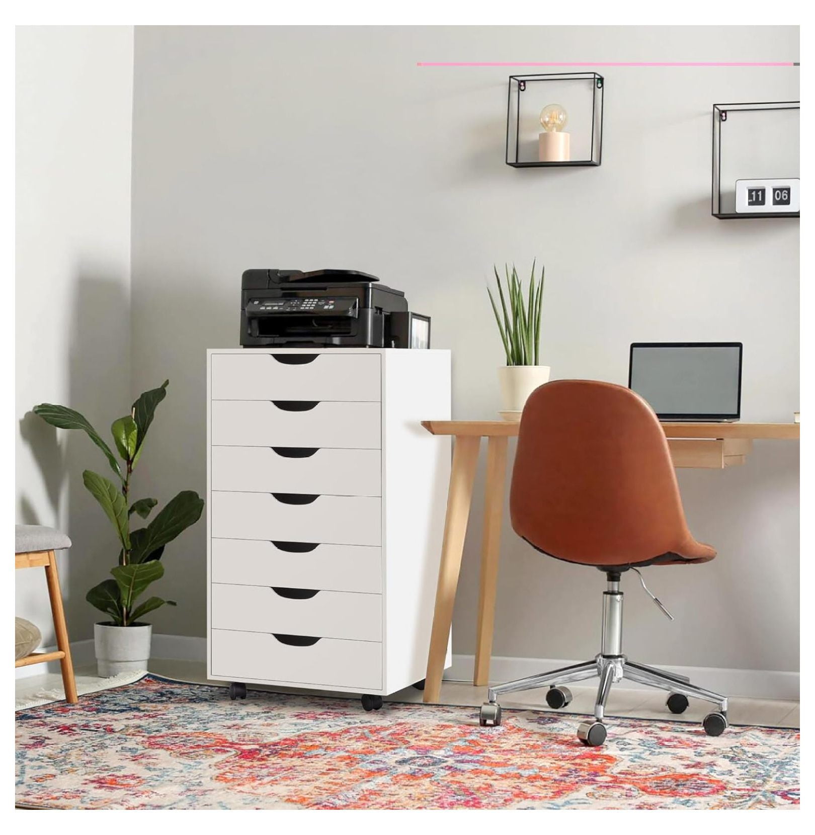 White MDF Mobile 7-Drawer Vertical Office Storage Cabinet