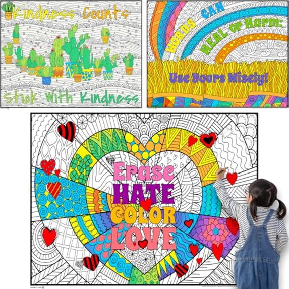 Debbie Lynn Inspirational Quotes Coloring Poster 24x18 Inch 3-Pack [Erase, Words Heal, Kindness]