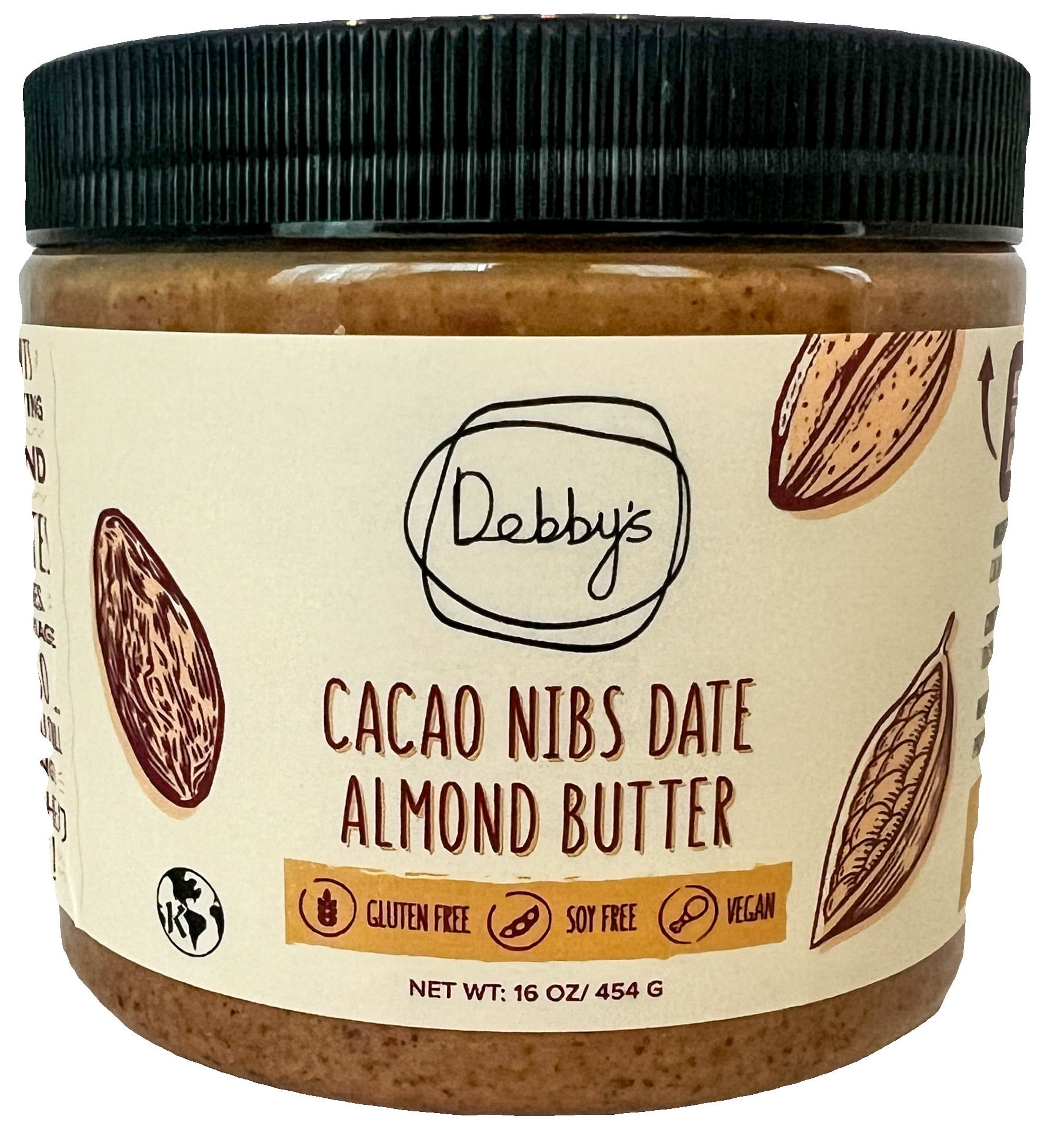 Debby's Date Sweetened, Cocoa Nib, Gluten Free, No Salt Added Almond Butter 16oz