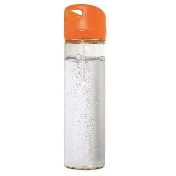 Debco WB8293 500 ml 17 oz Single Wall Glass Wide Mouth Water Bottle - Clear Glass Bottle / Orange Lid