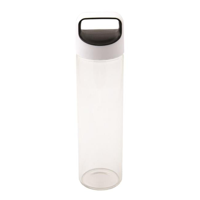Debco WB8480 600 ml 20 oz Glass Water Bottle - Clear Glass Bottle / White / Black Lid