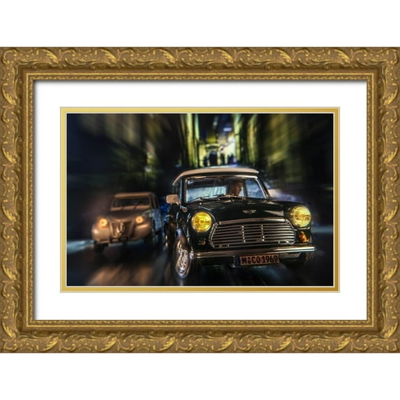 Debionne, Jean-Loup 32x22 Gold Ornate Wood Framed with Double Matting Museum Art Print Titled - Cars in action - Austin Mini