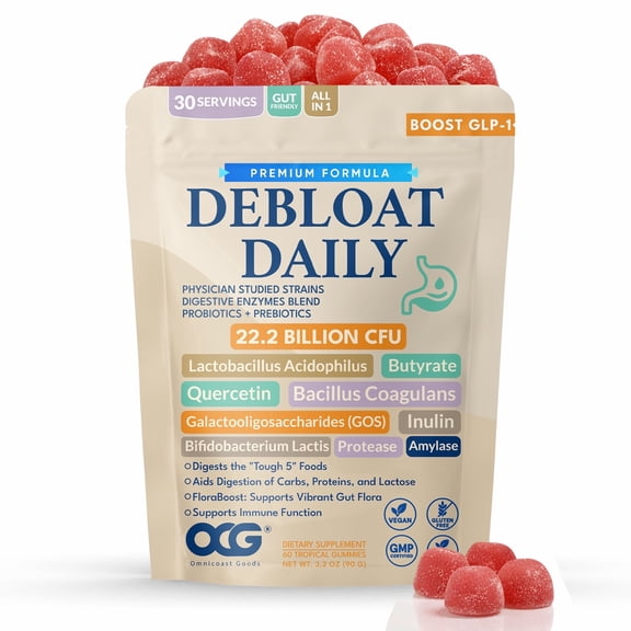 Debloat Daily 3-in-1 Prebiotic, Probiotic & Digestive Enzyme Gummies - 22.2B CFU Gut Health & Bloating Relief - Tropical, 60ct