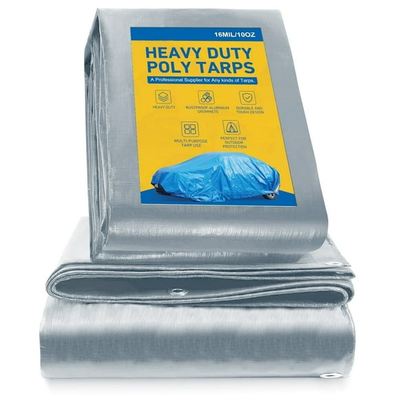 Debonair 13' x 16' Super Heavy Duty 10 Mil Gray Poly Tarp Cover - Thick Waterproof, UV Resistant, Rip and Tear Proof Tarpaulin with Grommets and Reinforced Edges