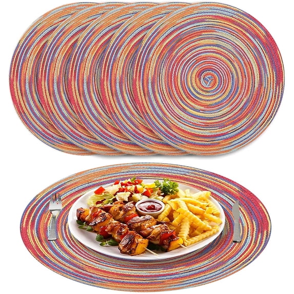 NEWEEN 15" Round Placemats Set of 6 Braided Fabric Heat Resistant Washable Table Mat for Kitchen for Kitchen Party Decor