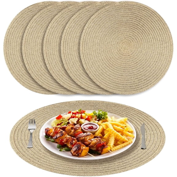 NEWEEN 15" Round Placemats Set of 6 Braided Fabric Heat Resistant Washable Table Mat for Kitchen for Kitchen Party Decor