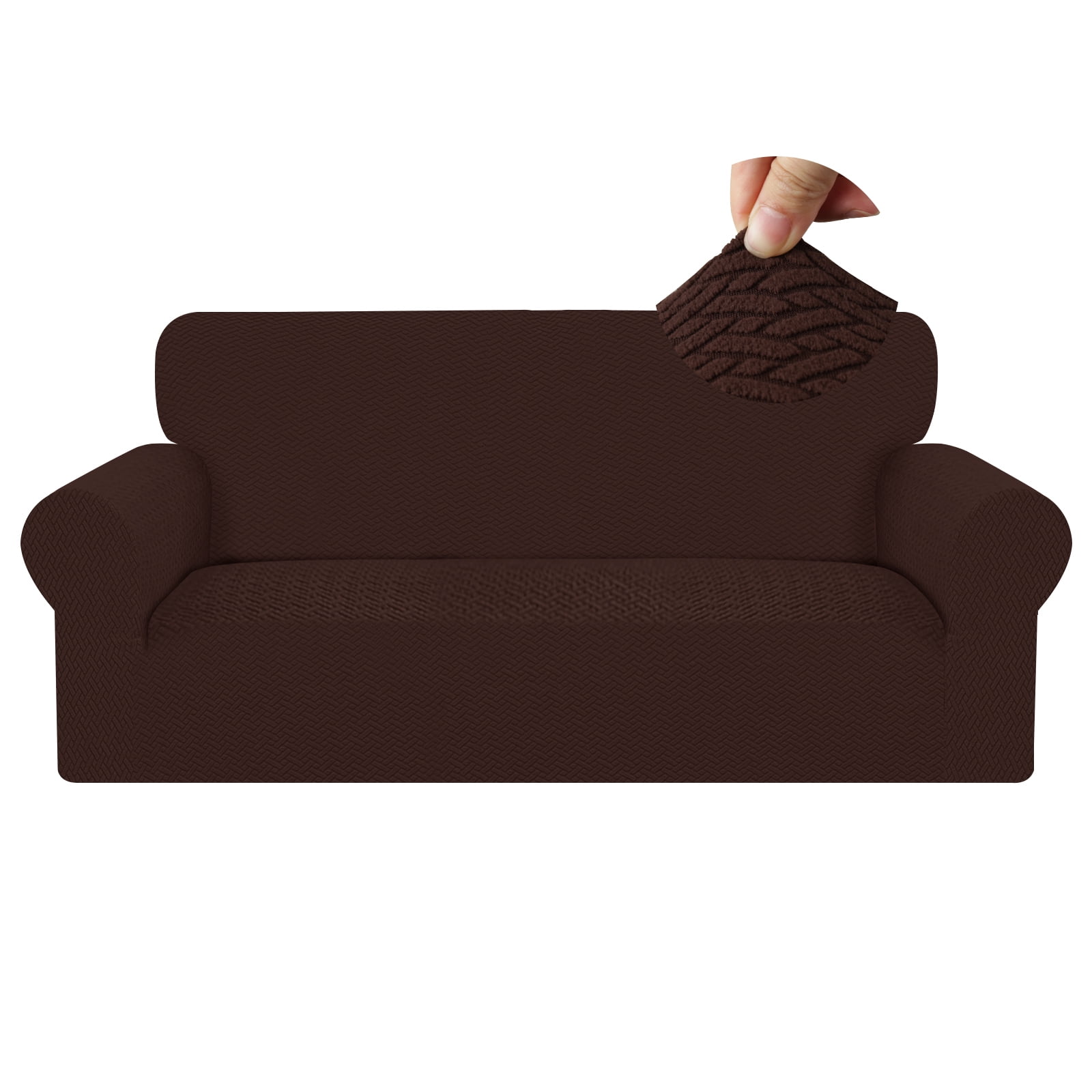 Debonair Stretch Jacquard Couch Cover with 1 Pillowcase, 1-Piece Soft Sofa Cover, Sofa Slipcover with Anti-Slip Foams, Washable Furniture Protector for Pets (Loveseat, Chocolate)